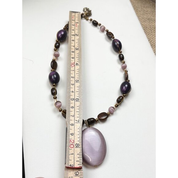 Purple & Brown Beaded Necklace With Large Glass Center Pendant - Picture 5 of 6